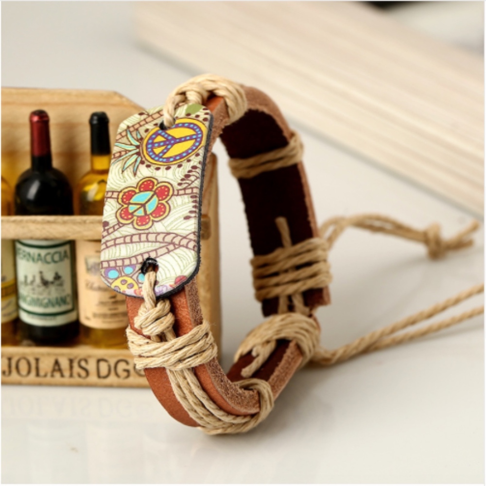 Boho Gypsy Peace Vintage Leather Bangle Bracelet - Picture 5 of 6